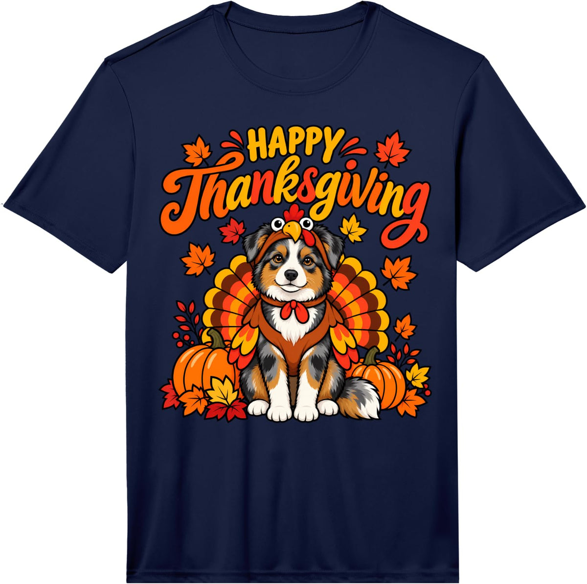 Happy Thanksgiving Miniature American Shepherd Turkey Day Performance T-Shirt - Navy Blue