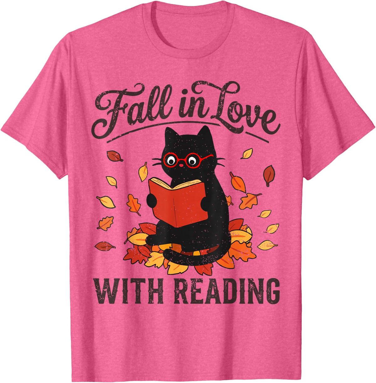 Retro Black Cat Reading Fall in Love with Reading Autumn T-Shirt - Pink Heather