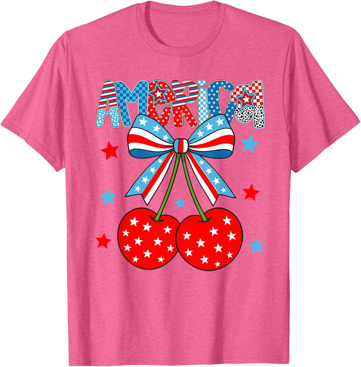 Cute America Cherries Coquette Bow Funny Cherry 4th Of July T-Shirt - Pink Heather