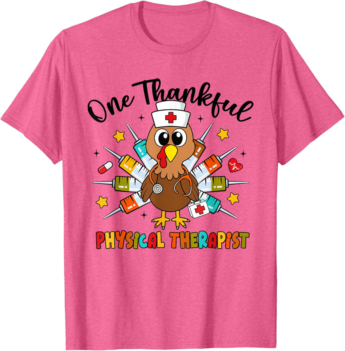 One Thankful Physical Therapist Turkey Thanksgiving T-Shirt - Pink Heather