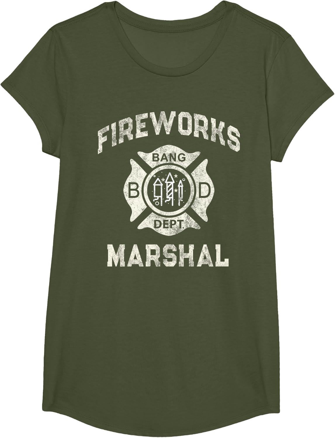 Funny FIREWORKS MARSHAL Firefighter America Bang Pyro Boss T-Shirt - Girls Olive Green