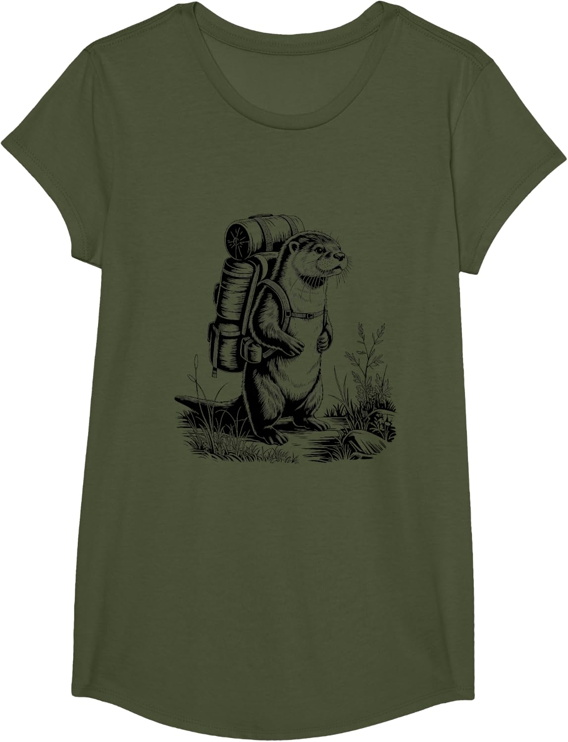 Hiking River Otter Backpacking Animals Funny Men Women T-Shirt - Girls Olive Green