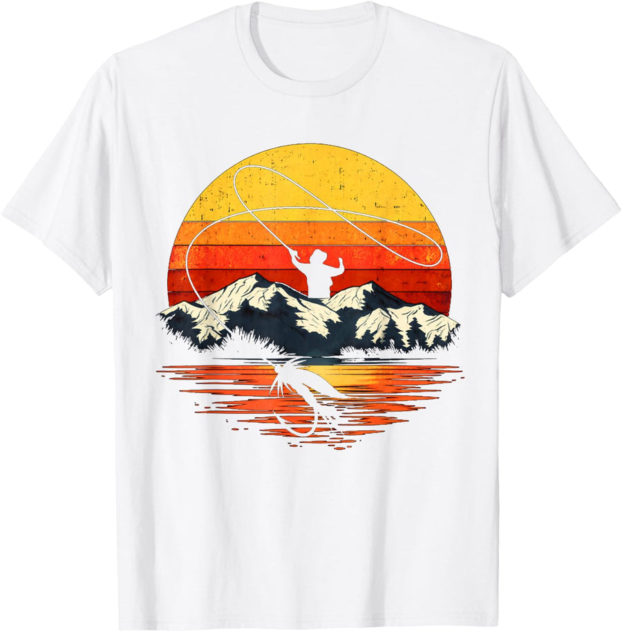 Vintage Fly Fishing Sunset Mountains Unique Graphic Gifts T-Shirt - White