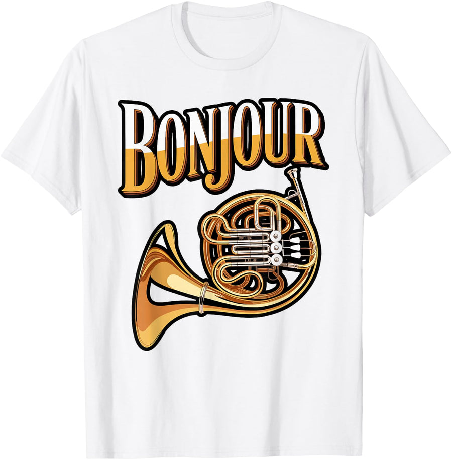 Bonjour French Horn Musician Design T-Shirt - White