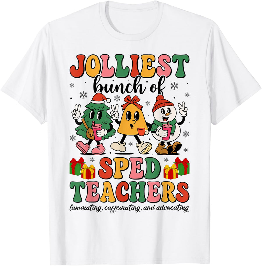 Jolliest Bunch of SPED Teachers - Groovy Christmas T-Shirt - White
