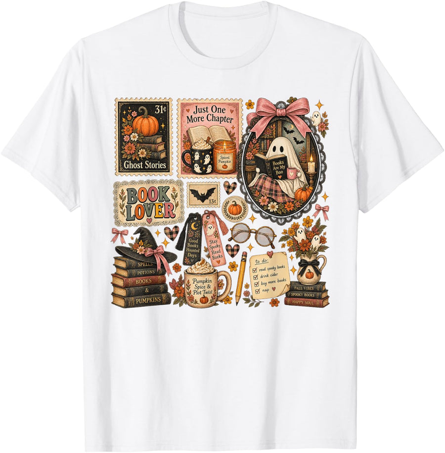 Autumn Book Lover Halloween Ghost Librarian Costume T-Shirt - White