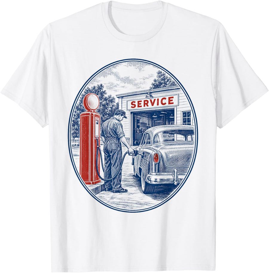 Vintage Gas Station Mechanic Classic Car Service Garage T-Shirt - White
