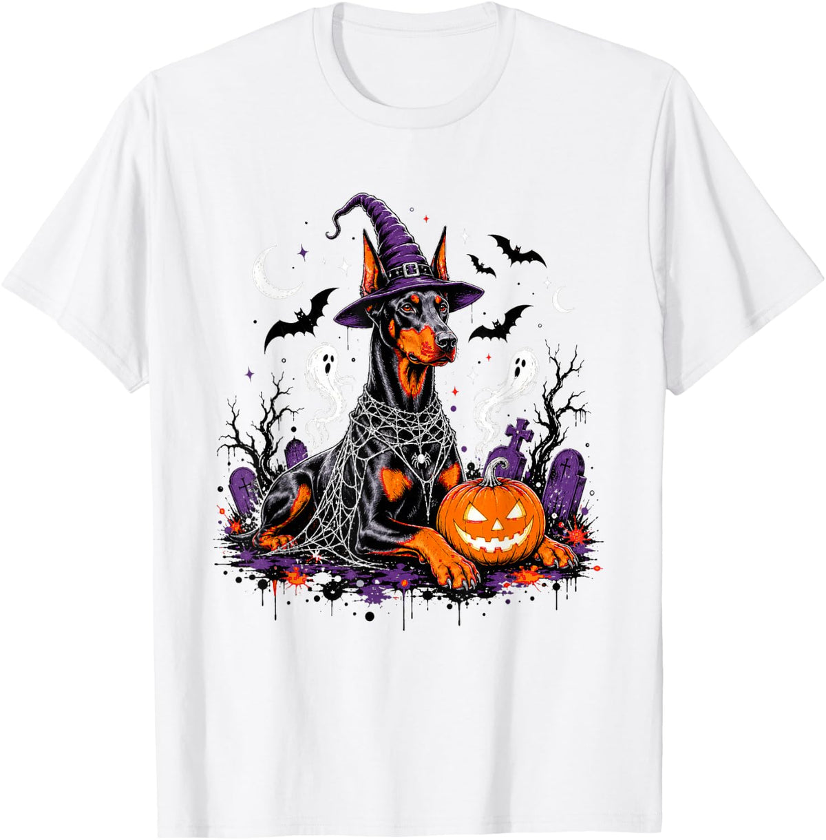 Halloween Doberman Pinscher Witch Dog T-Shirt - White