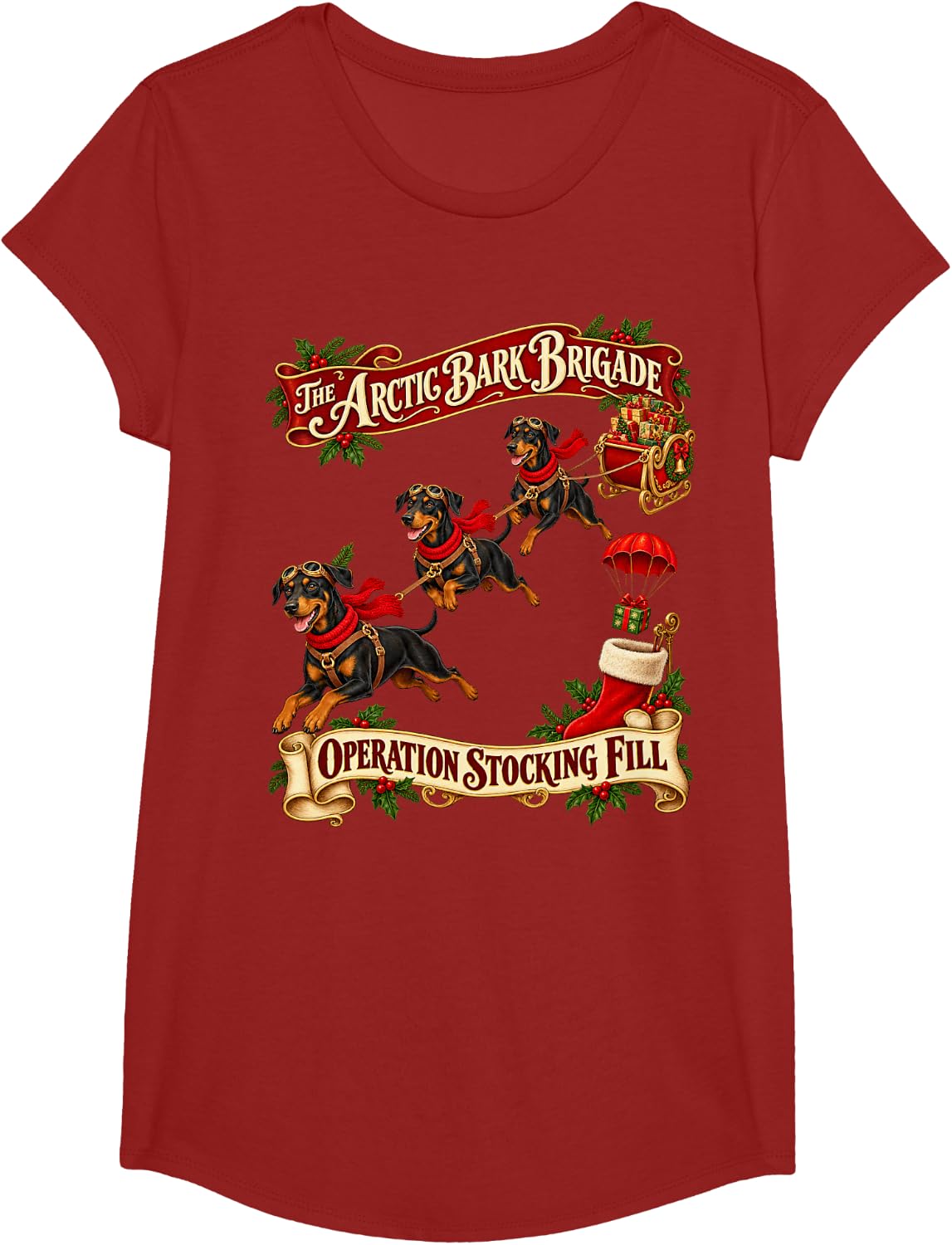 Doberman Pinscher Dog Funny Christmas Parachute T-Shirt - Girls Cranberry Red