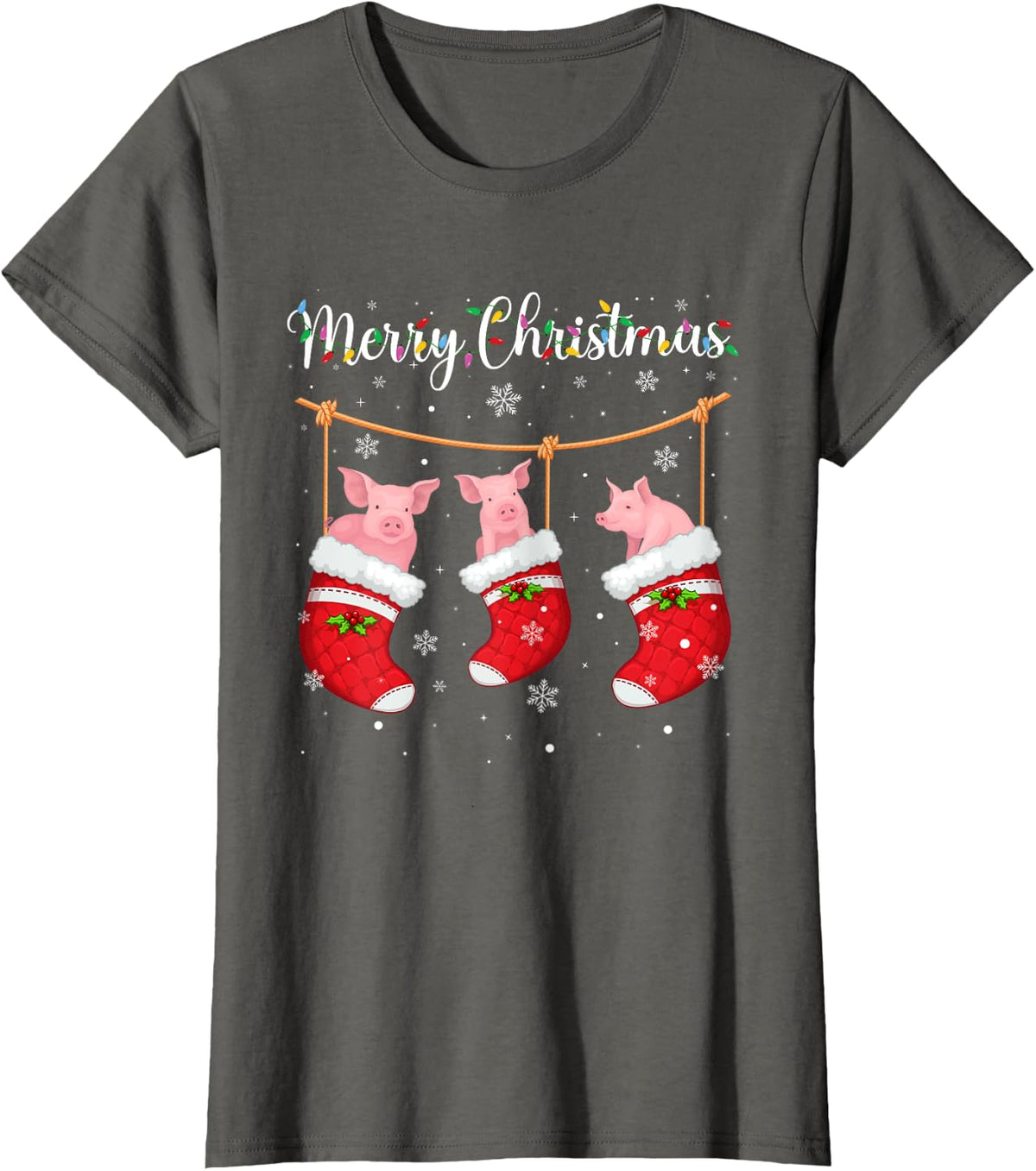 Pig in Xmas Socks Funny Holiday Ugly Sweater Christmas T-Shirt - Asphalt Grey