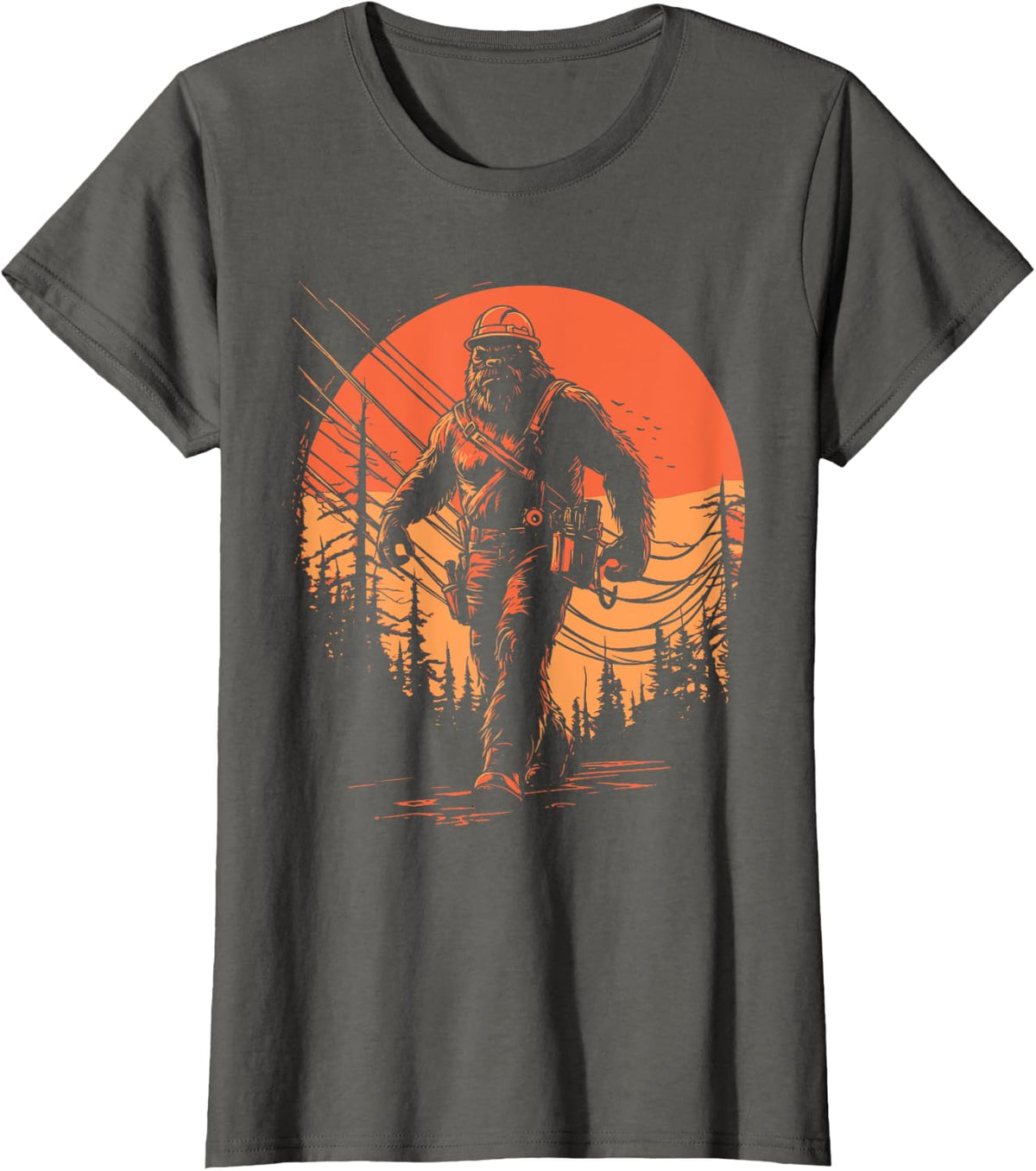Retro Sasquatch Lineman Bigfoot Powerline Electrician T-Shirt - Asphalt Grey