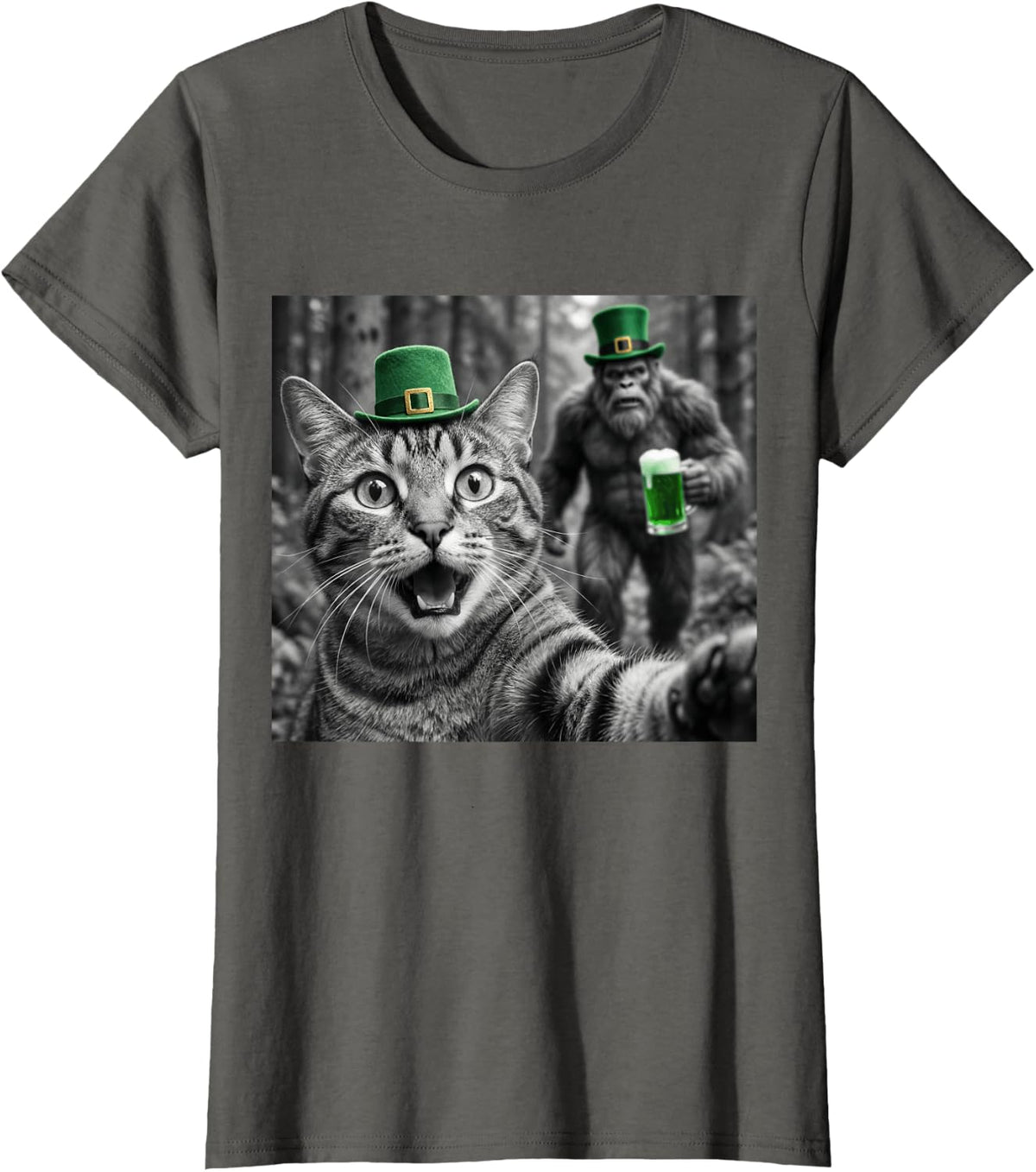 St. Patrick's Day Cat Taking Selfie with Bigfoot Green Beer T-Shirt - Asphalt Grey