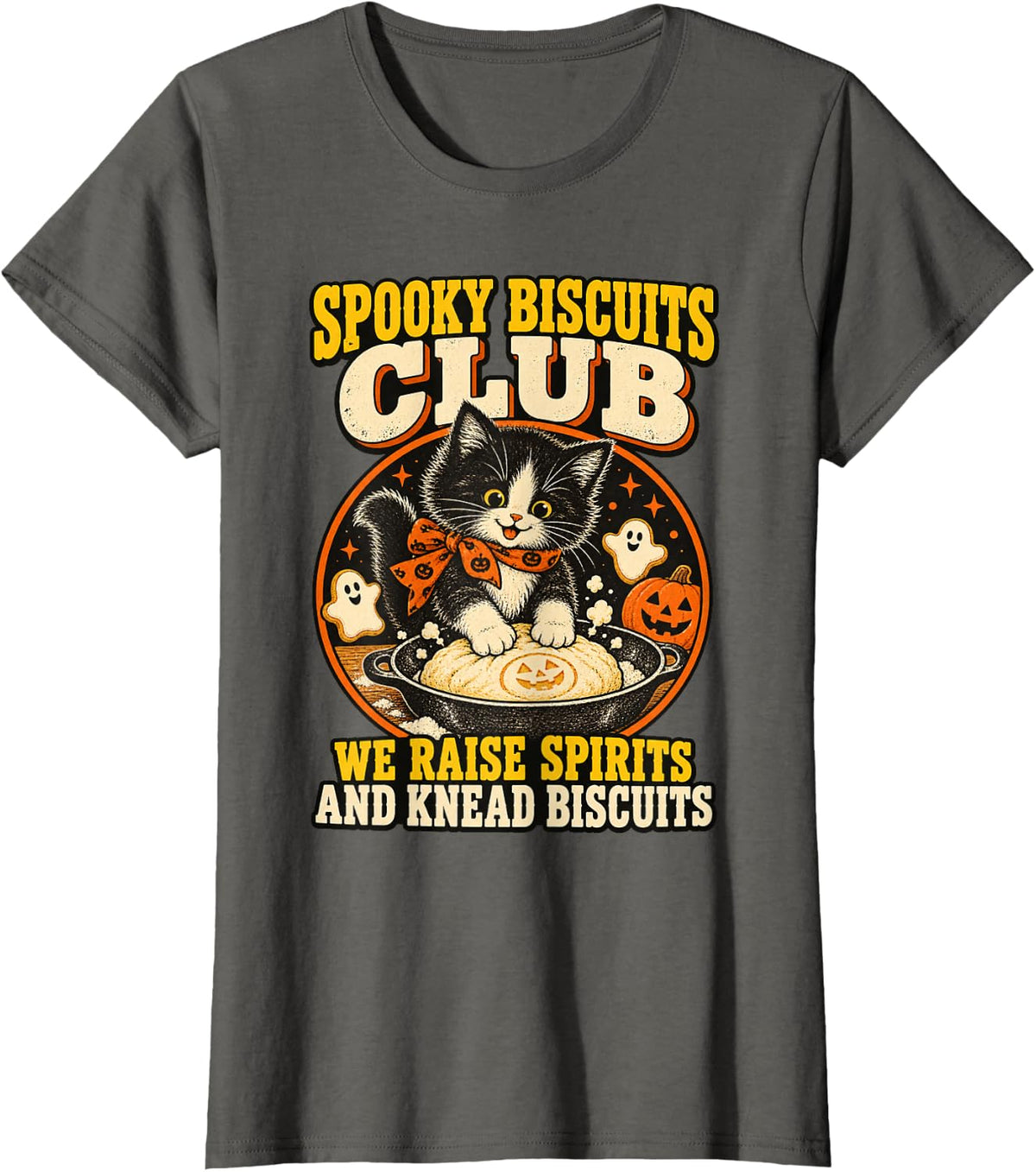 Cute Tuxedo Cat Halloween Baker - Spooky Biscuits Club T-Shirt - Asphalt Grey