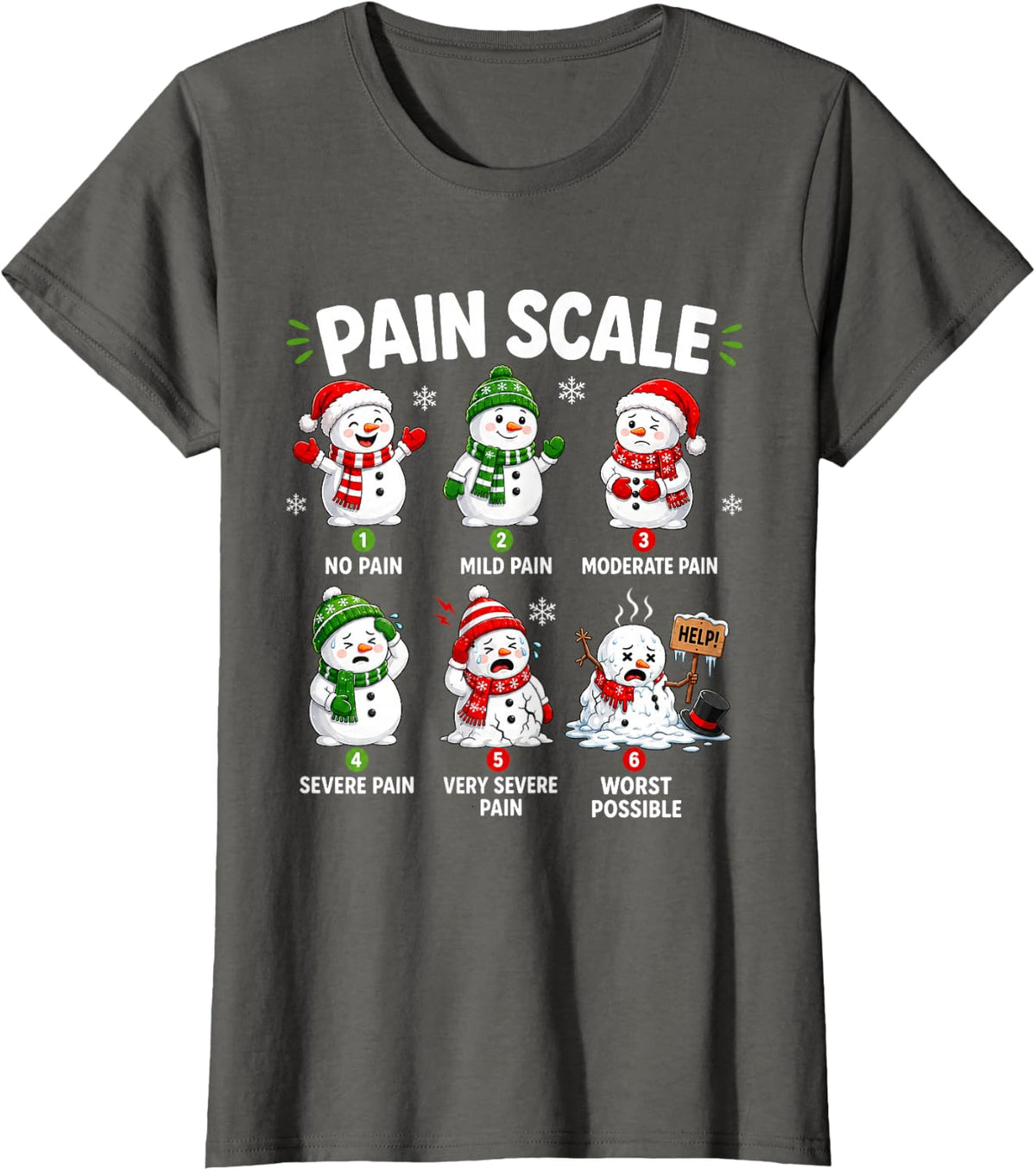 Snowman Pain Scale Christmas Medical Humor for Nurses T-Shirt - Asphalt Grey