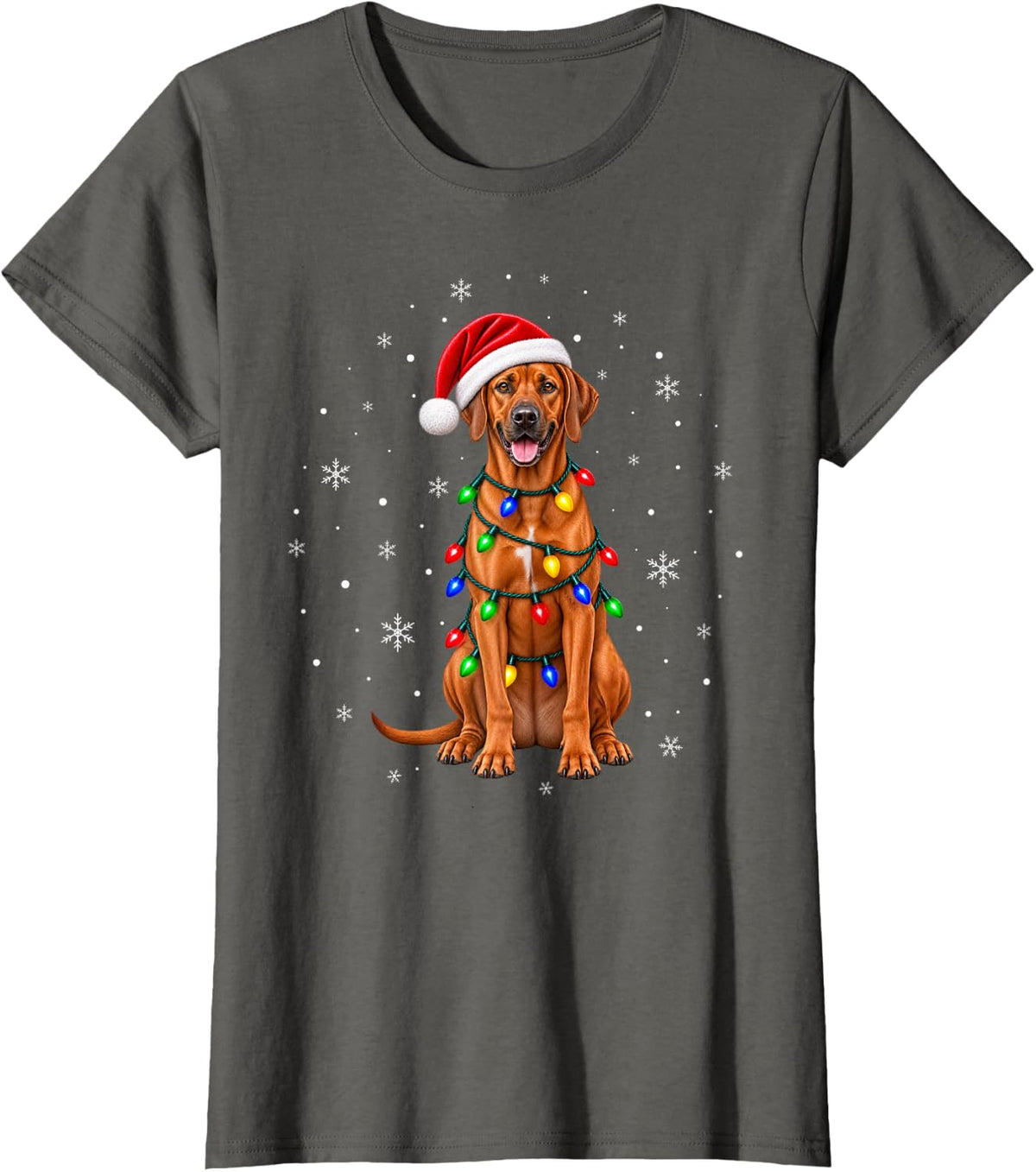 Rhodesian Ridgeback Christmas Tree Lights Pajama Santa Dog T-Shirt - Asphalt Grey