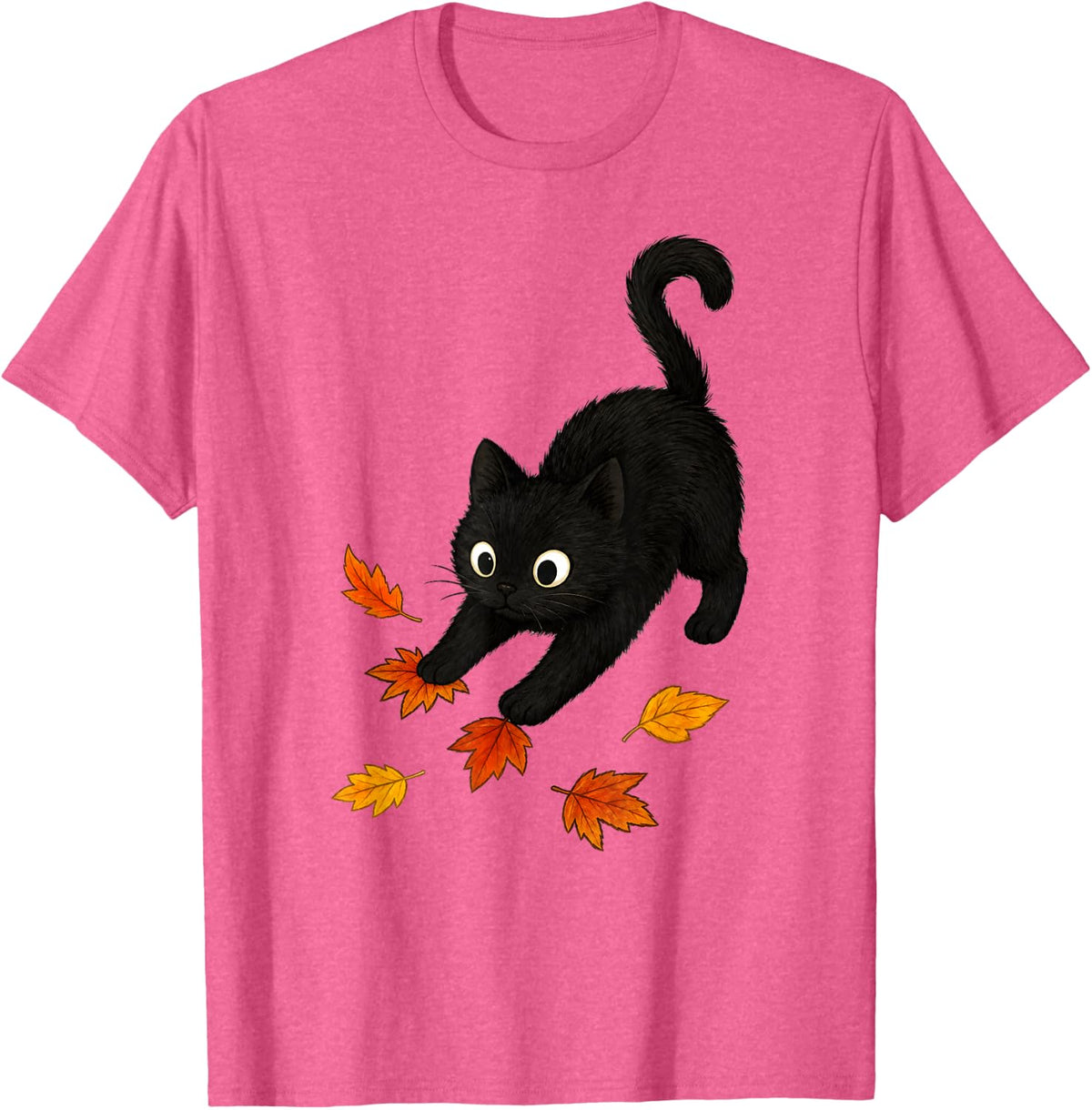 Cute Black Cat Fall Autumn Vibe Leaves Falling T-Shirt - Pink Heather