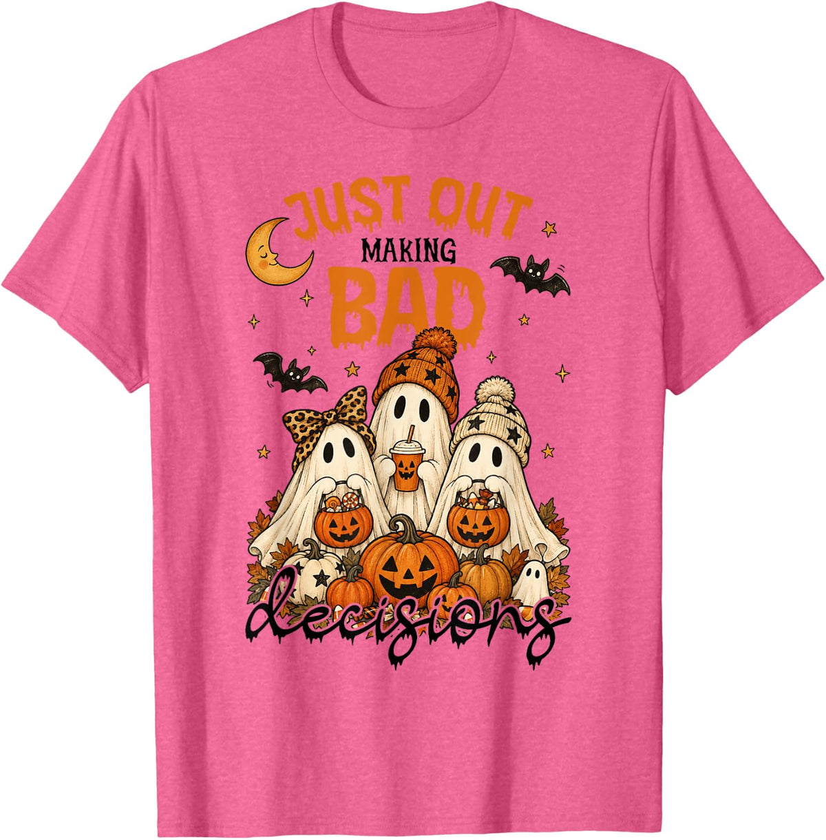 Just Out Making Bad Decisions Ghost Halloween Coffee Lover T-Shirt - Pink Heather