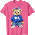 Cute Patriotic Bear USA 4th of July American Coquette Bow T-Shirt - Pink Heather