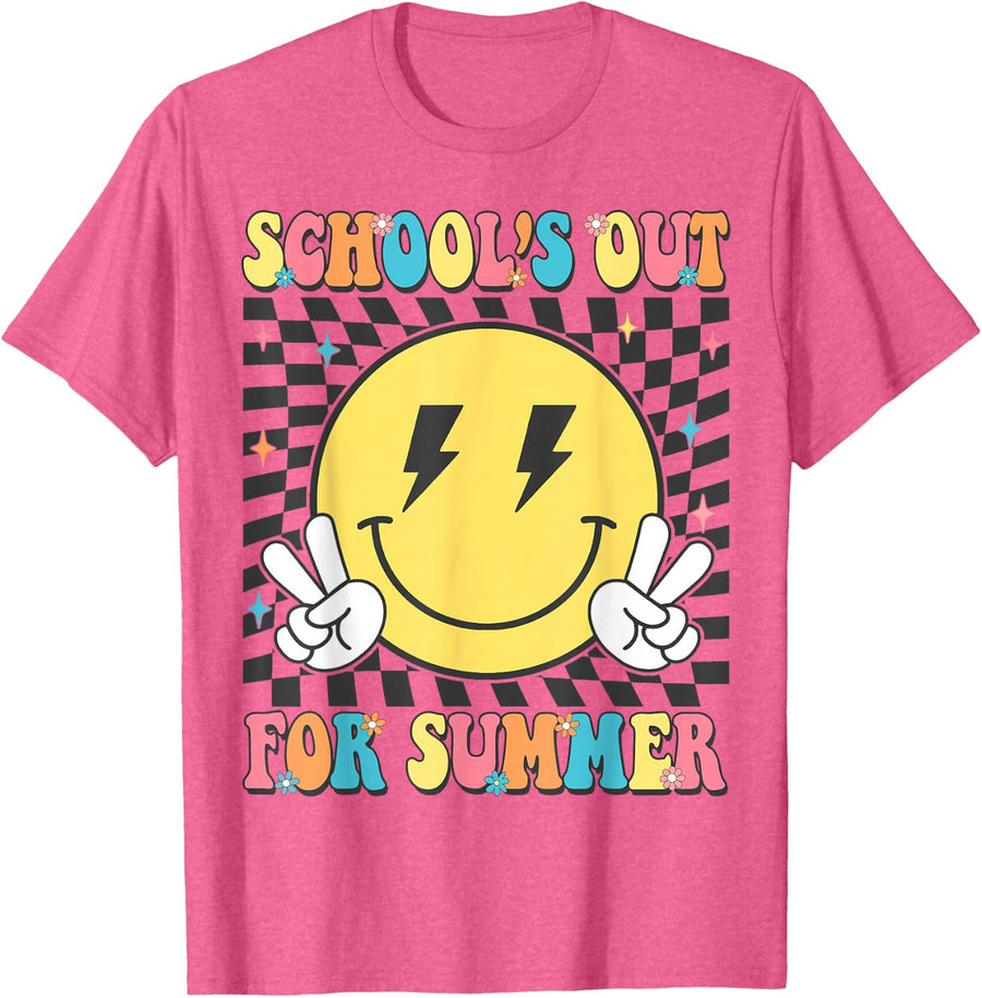 Hello Summer Checkered Happy Last Day Of School Teacher Kids T-Shirt - Pink Heather
