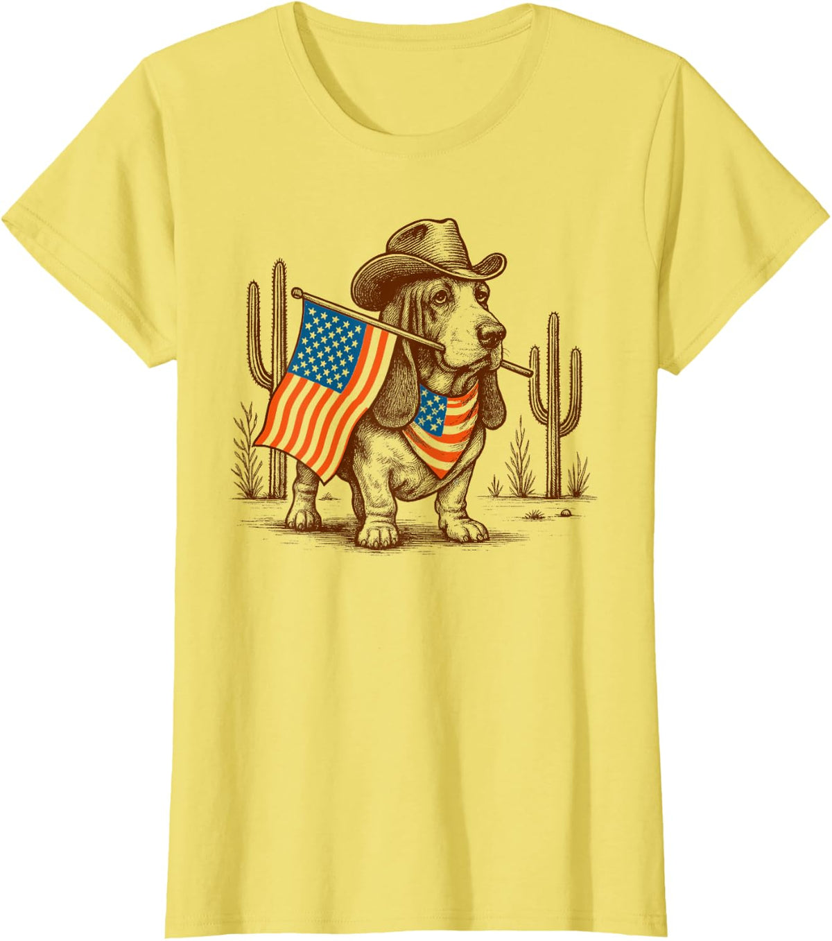 4th Of July Basset Hound Lover Western Desert Vibes Freedom T-Shirt - Lemon Yellow