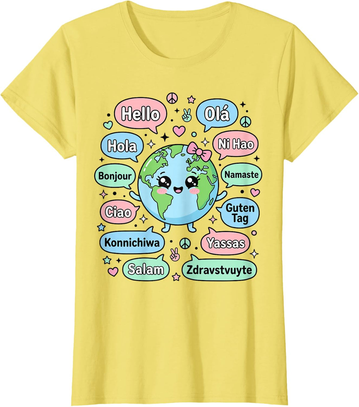 Hello in Different Languages Cute Kawaii Earth Planet T-Shirt - Lemon Yellow