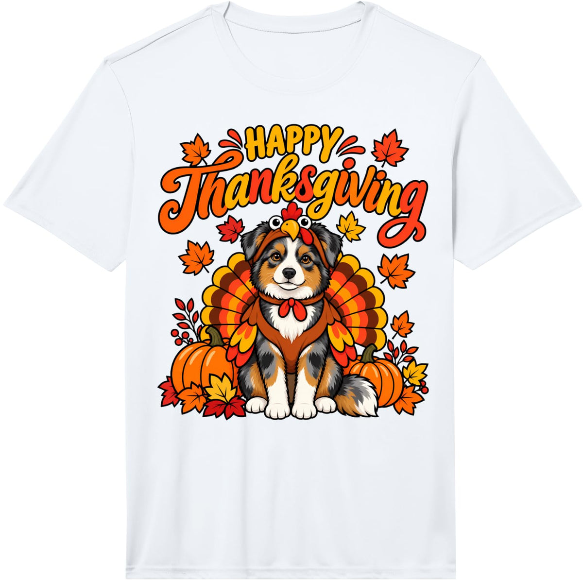 Happy Thanksgiving Miniature American Shepherd Turkey Day Performance T-Shirt - White