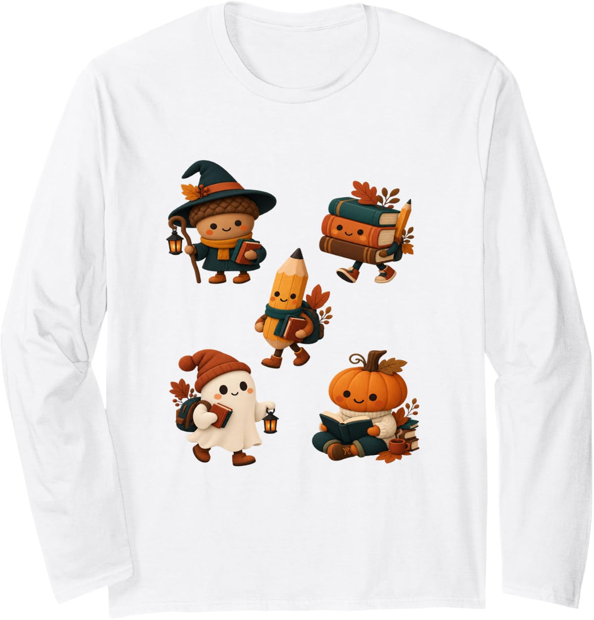 Cute Fall Book Lover Reading Pumpkin Ghost Autumn Long Sleeve T-Shirt - Adult Unisex White
