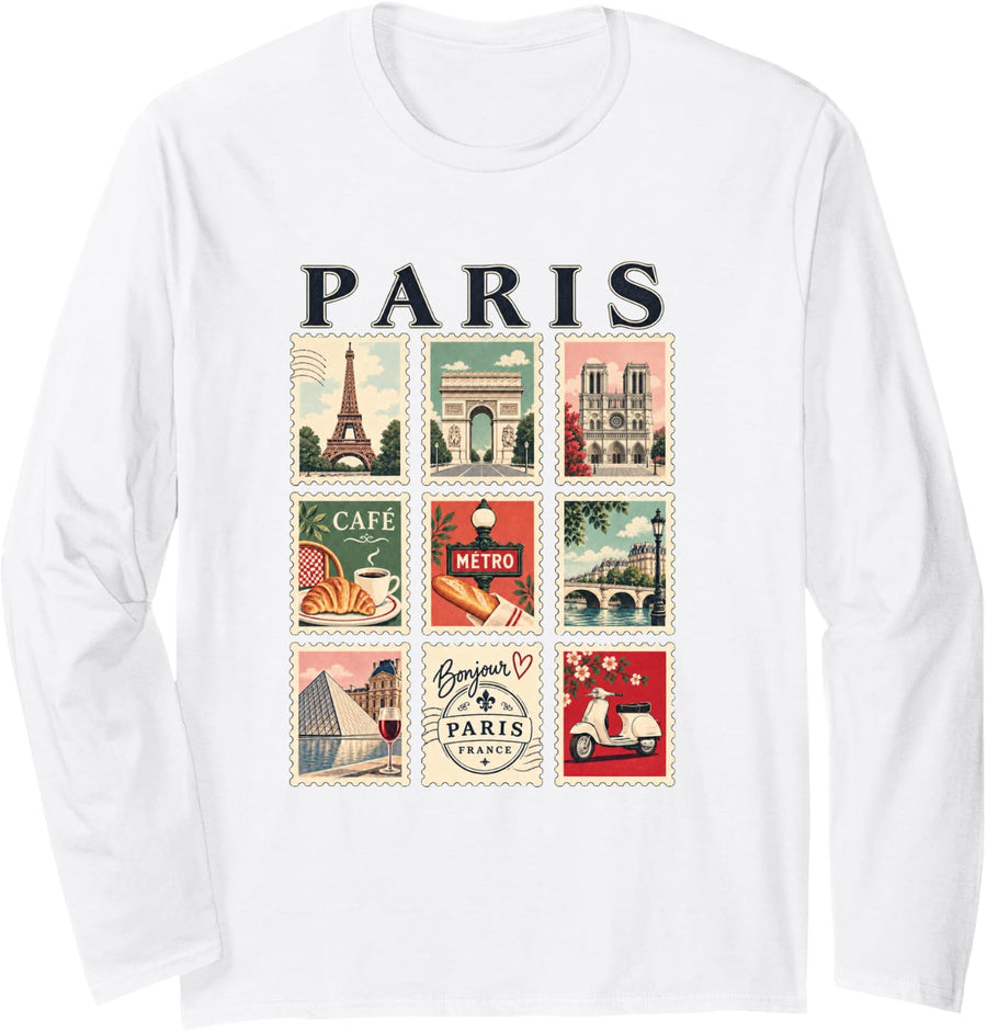 Paris France Vintage Travel Collage French Landmarks Lovers Long Sleeve T-Shirt - Adult Unisex White
