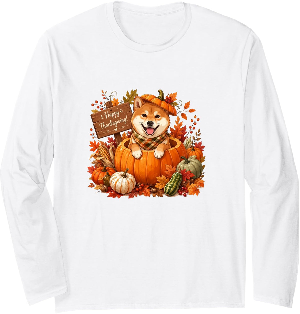 Shiba Inu Inside Pumpkin Fall Leaves Thanksgiving Owner Long Sleeve T-Shirt - Adult Unisex White