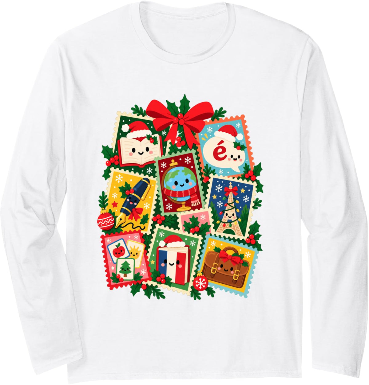 French Teacher Christmas Language Classroom Stamp Art Long Sleeve T-Shirt - Adult Unisex White