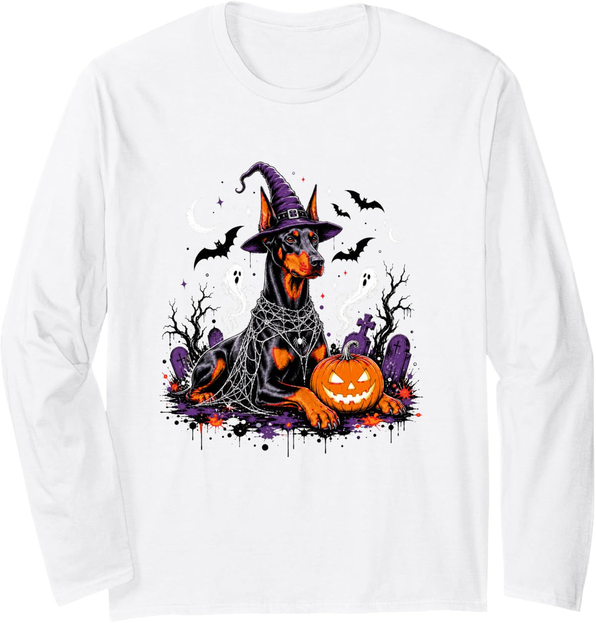 Halloween Doberman Pinscher Witch Dog Long Sleeve T-Shirt - Adult Unisex White