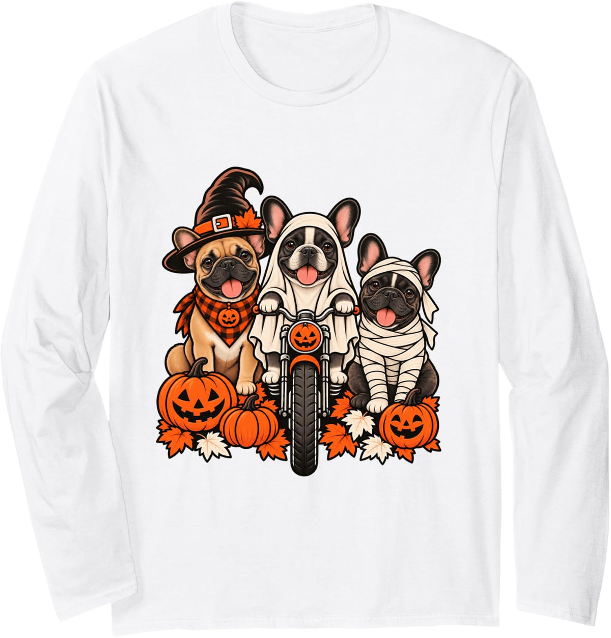 Fall Ghost French Bulldog Motorcycle Lovers Halloween Long Sleeve T-Shirt - Adult Unisex White