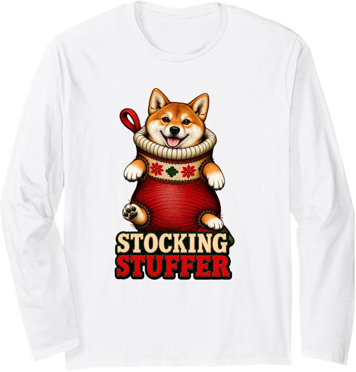 Shiba Inu Dog Christmas Stocking Stuffer Long Sleeve T-Shirt - Adult Unisex White
