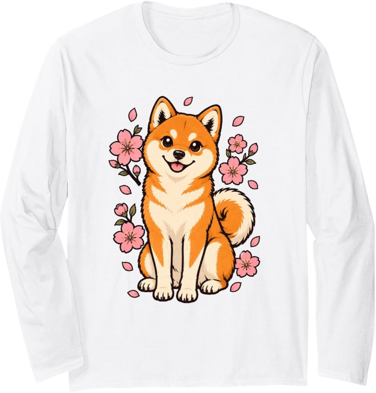 Cute Shiba Inu Japanese Dog with Cherry Blossoms Long Sleeve T-Shirt - Adult Unisex White