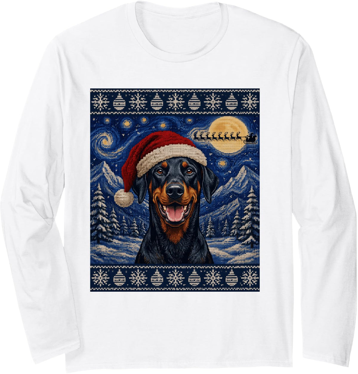 Doberman Pinscher Dog Santa Ugly Christmas Long Sleeve T-Shirt - Adult Unisex White
