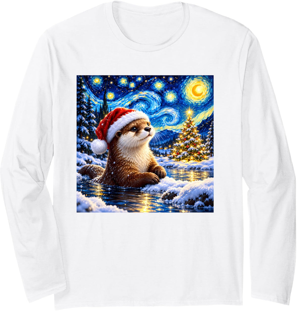 Van Gogh Starry Night Sea Otter Santa Hat Christmas Tree Long Sleeve T-Shirt - Adult Unisex White