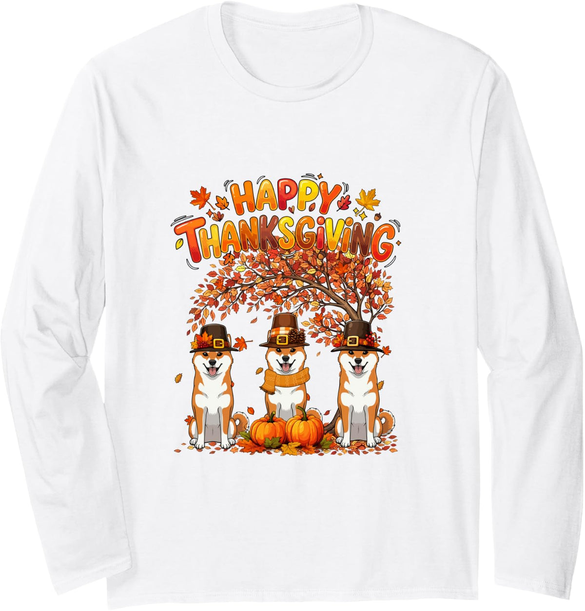 Three Cute Shiba Inus Thanksgiving Fall Tree Owner Pilgrim Long Sleeve T-Shirt - Adult Unisex White
