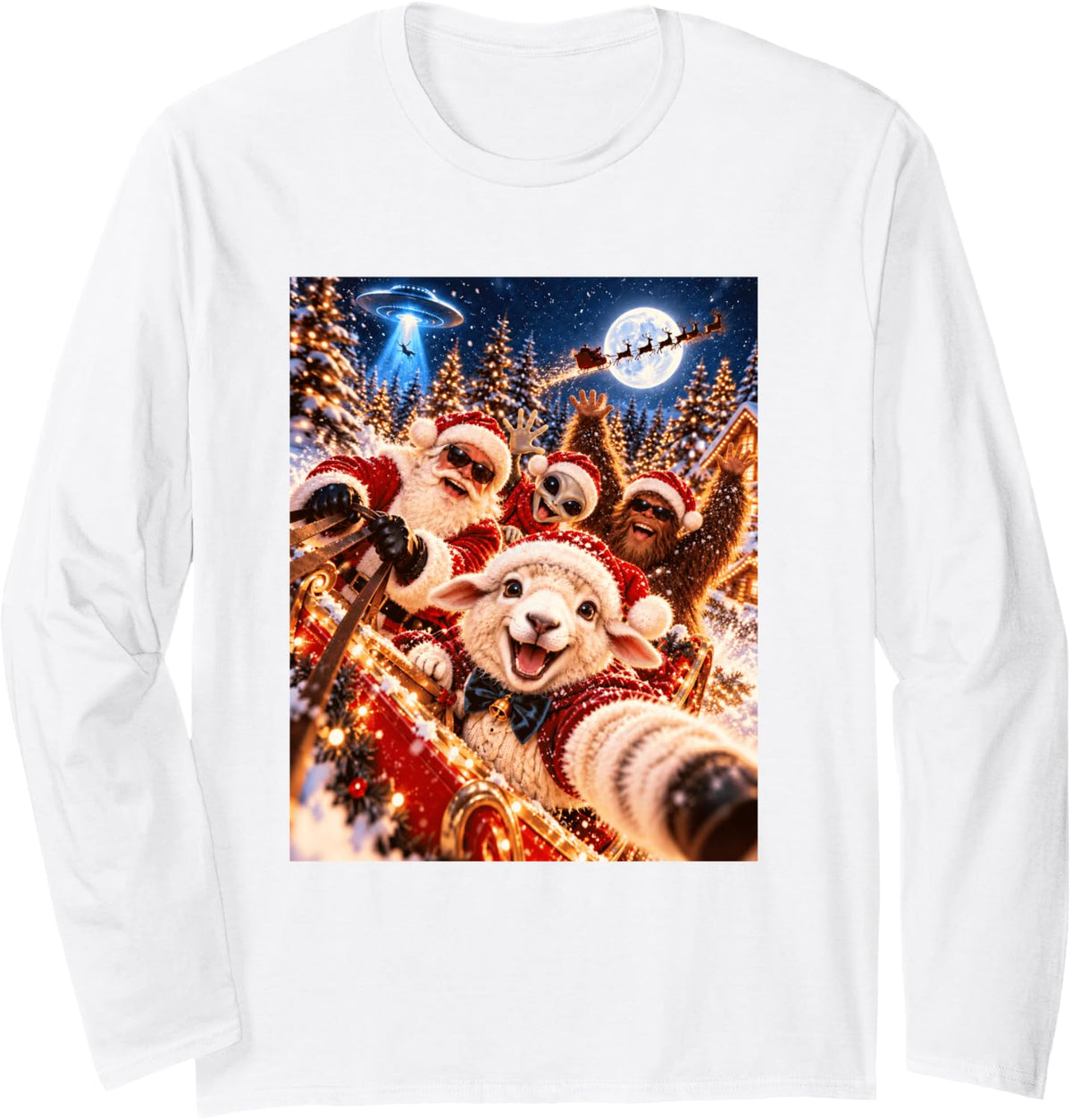 Playful Sheep Santa Christmas Selfie UFO Graphic Long Sleeve T-Shirt - Adult Unisex White