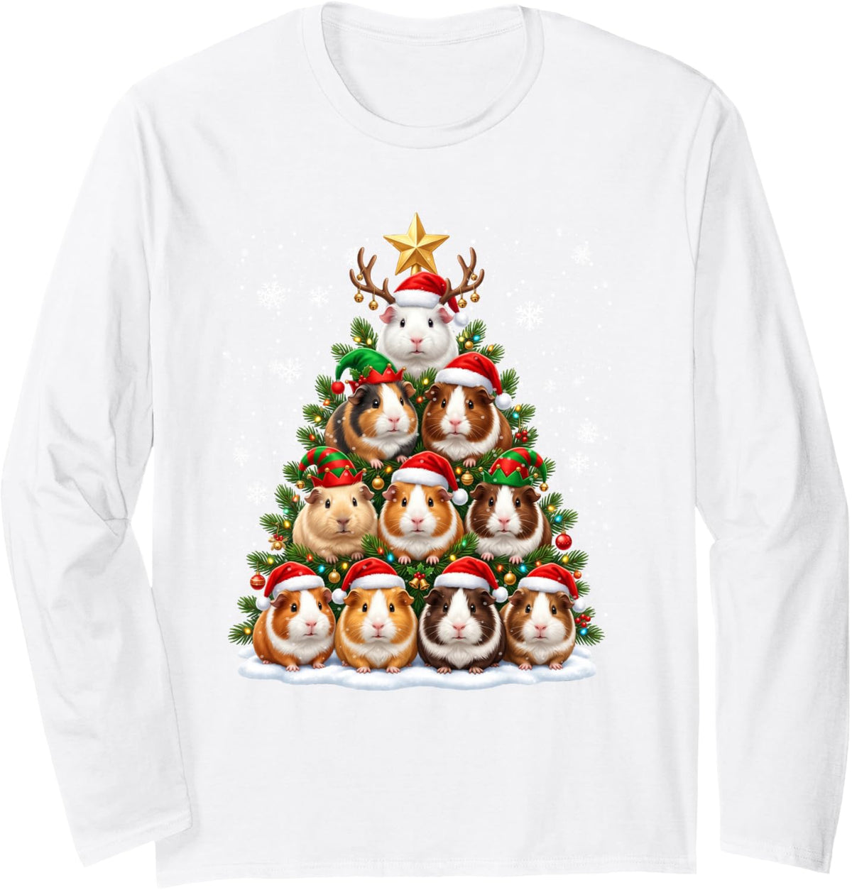 Funny Christmas Tree Guinea Pig Family Xmas Pajamas Long Sleeve T-Shirt - Adult Unisex White