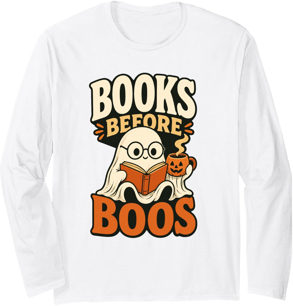 Reading Ghost Halloween Book Lover Pumpkin Cozy Autumn Night Long Sleeve T-Shirt - Adult Unisex White
