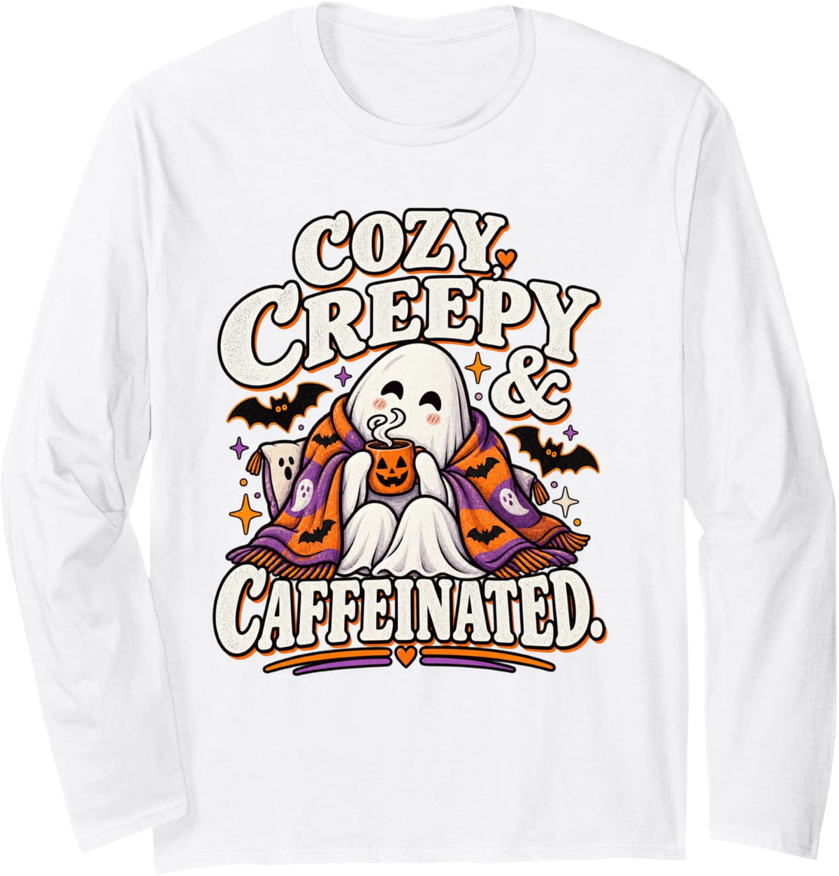 Cozy Creepy & Caffeinated Funny Halloween Ghost Coffee Lover Long Sleeve T-Shirt - Adult Unisex White