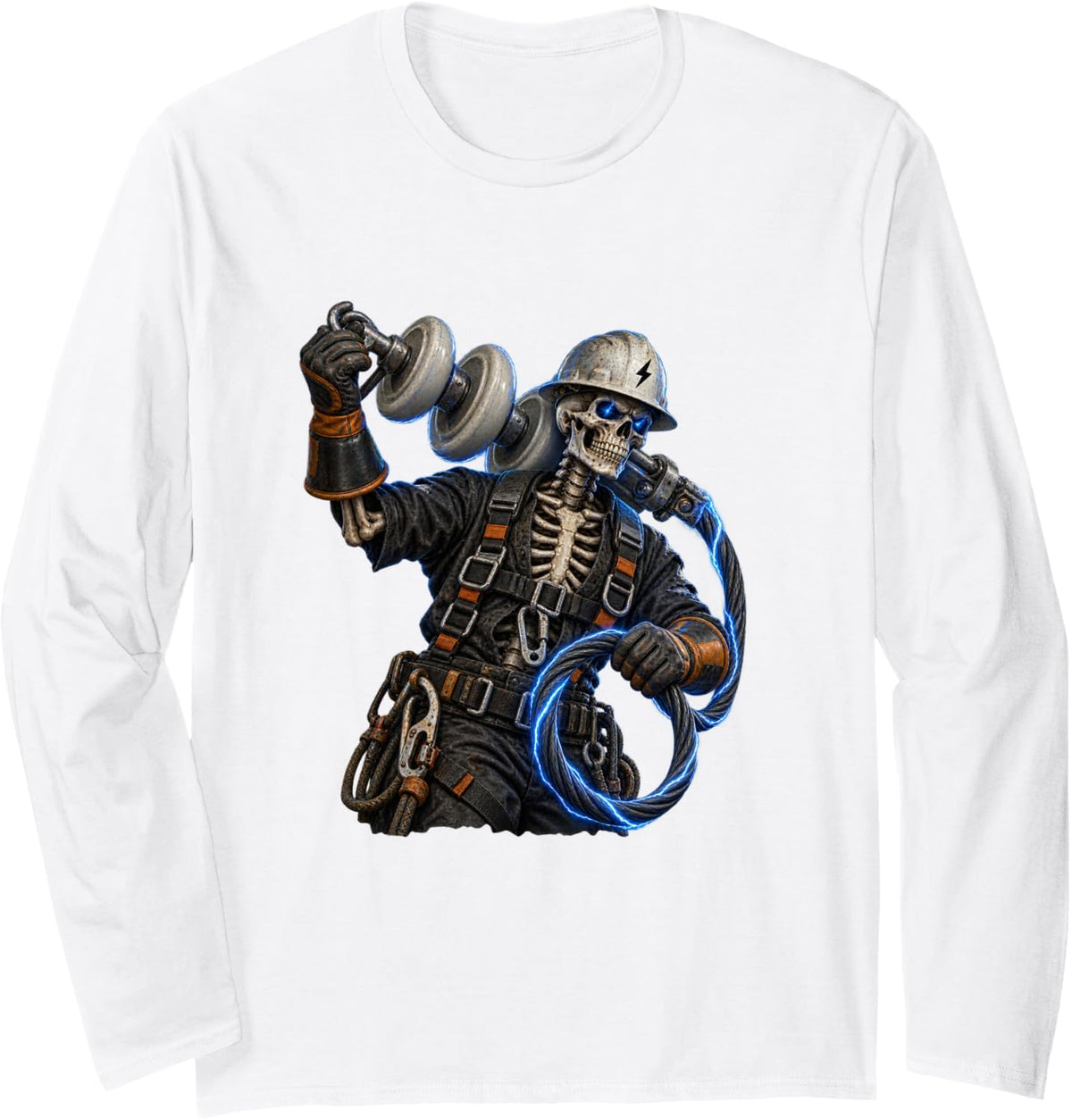 Scary Skeleton Lineman Design for Lineworkers and Lineman Long Sleeve T-Shirt - Adult Unisex White