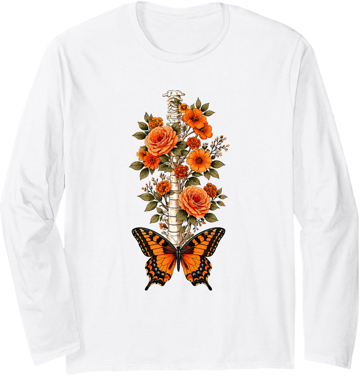 Floral Spine Skeleton Chiropractor Funny Halloween Long Sleeve T-Shirt - Adult Unisex White
