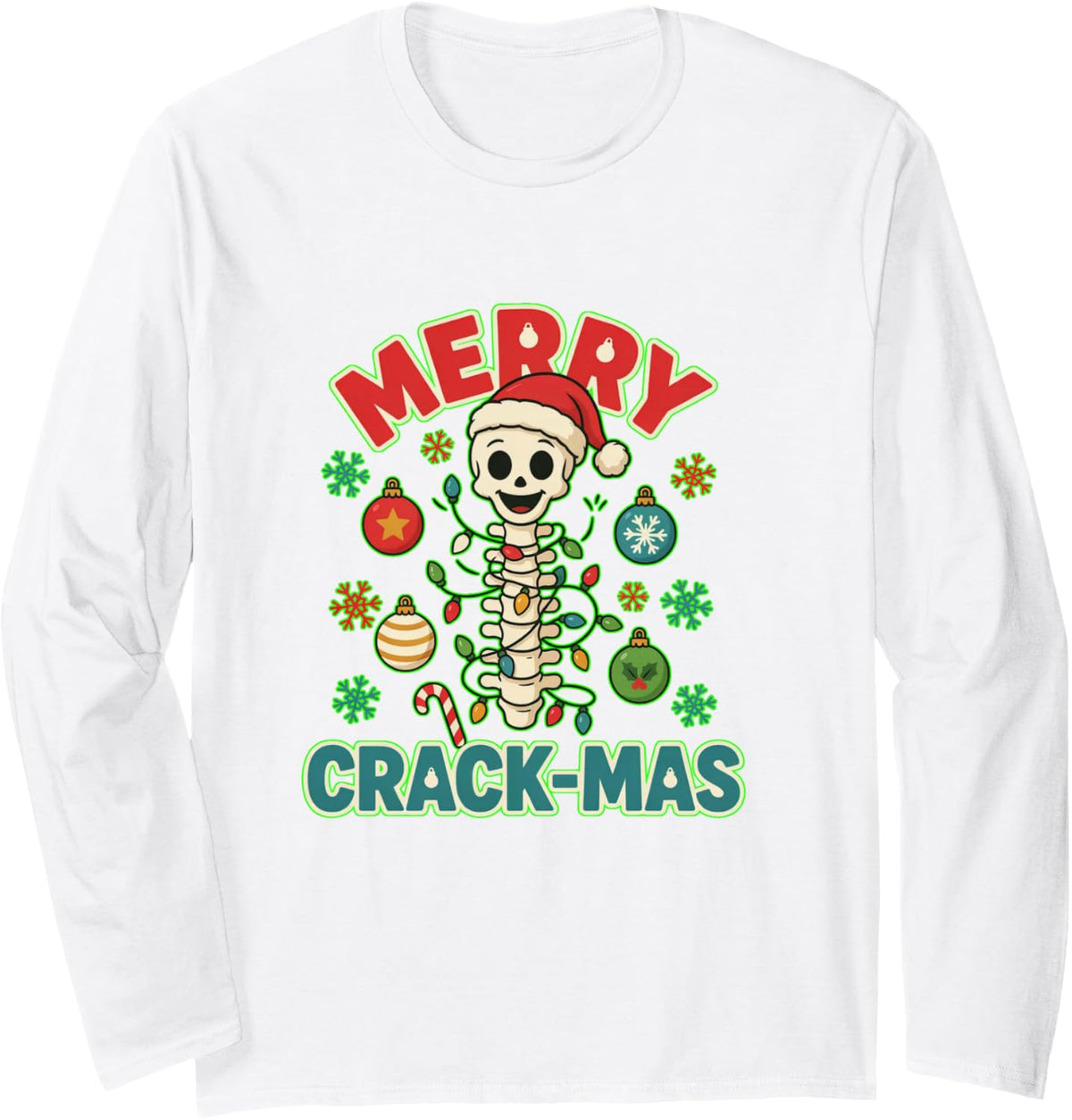 Merry Crack-Mas Funny Chiropractor Christmas Spine Long Sleeve T-Shirt - Adult Unisex White