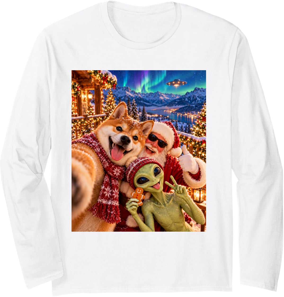 Shiba Inu Grinning Christmas Selfie with Santa and Alien Long Sleeve T-Shirt - Adult Unisex White