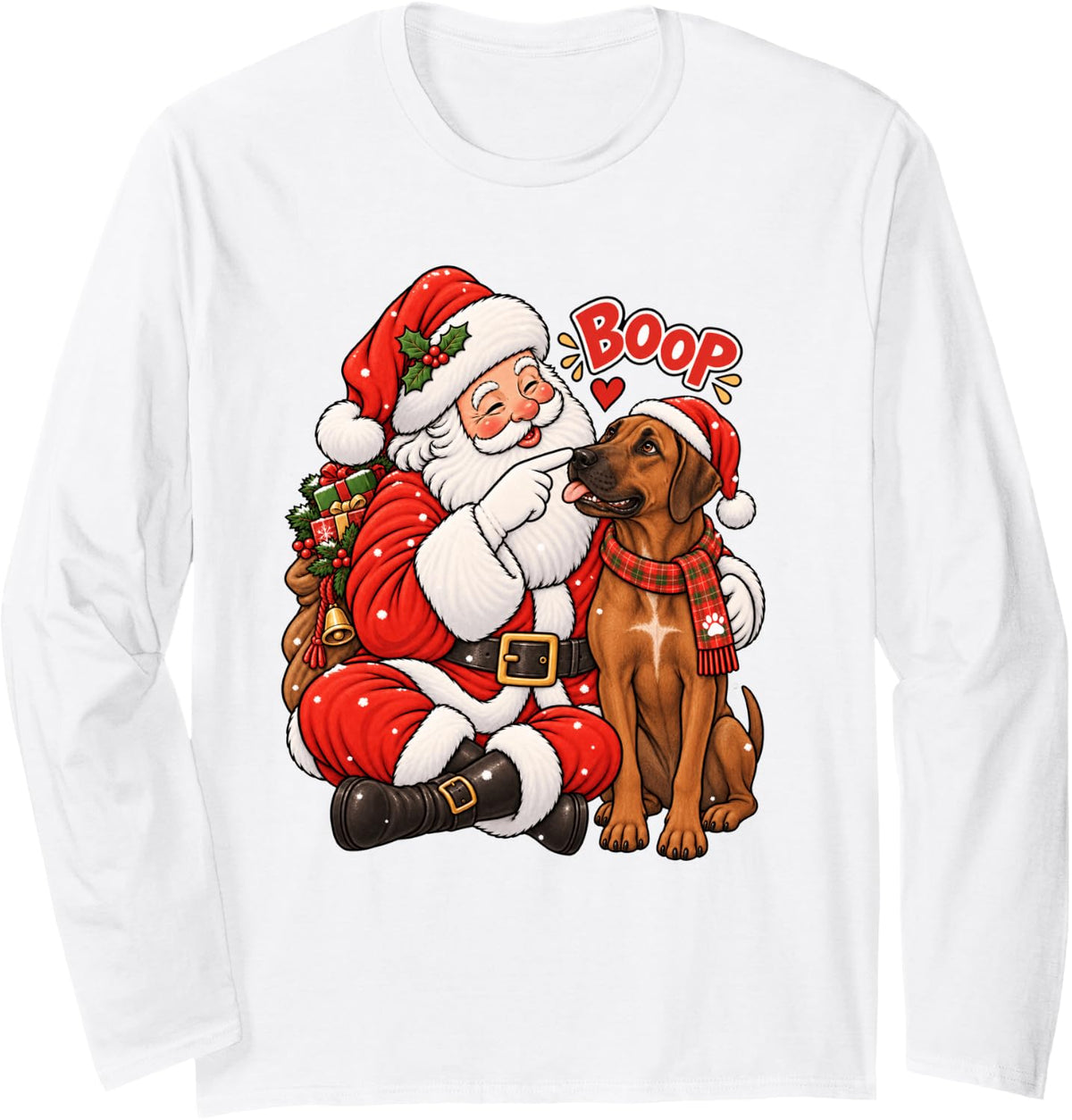 Funny Rhodesian Ridgeback Boop Santa Christmas Long Sleeve T-Shirt - Adult Unisex White