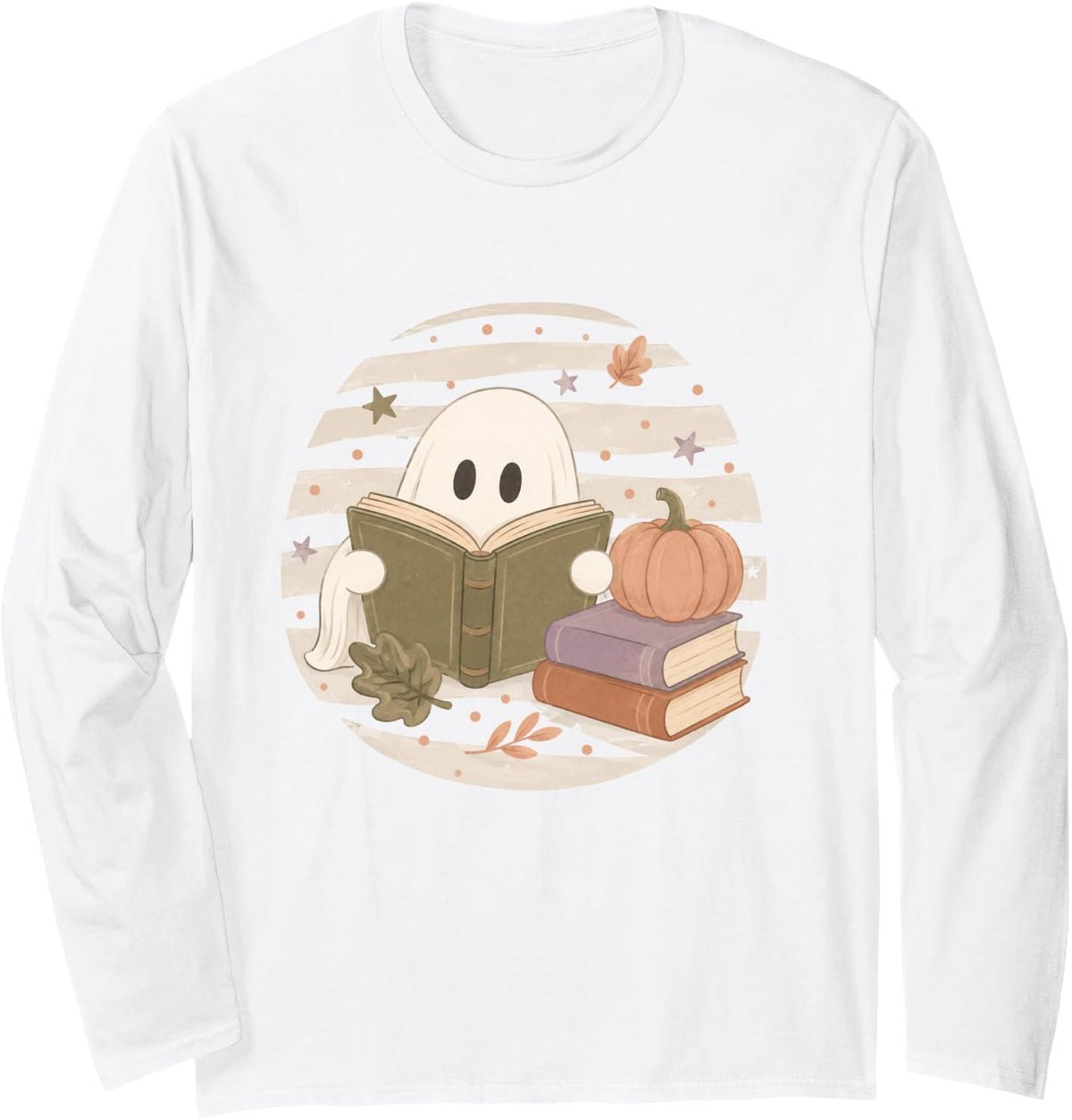 Cute Reading Ghost Pumpkin Halloween Book Lover Long Sleeve T-Shirt - Adult Unisex White