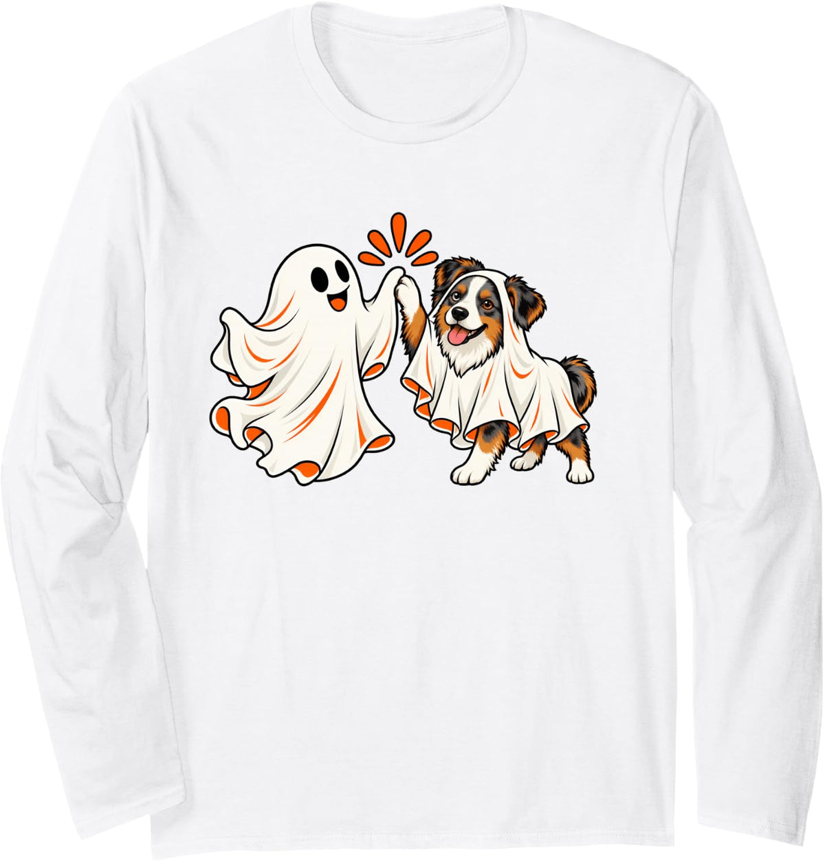 Spooky Ghost Miniature American Shepherd Dog Halloween Long Sleeve T-Shirt - Adult Unisex White