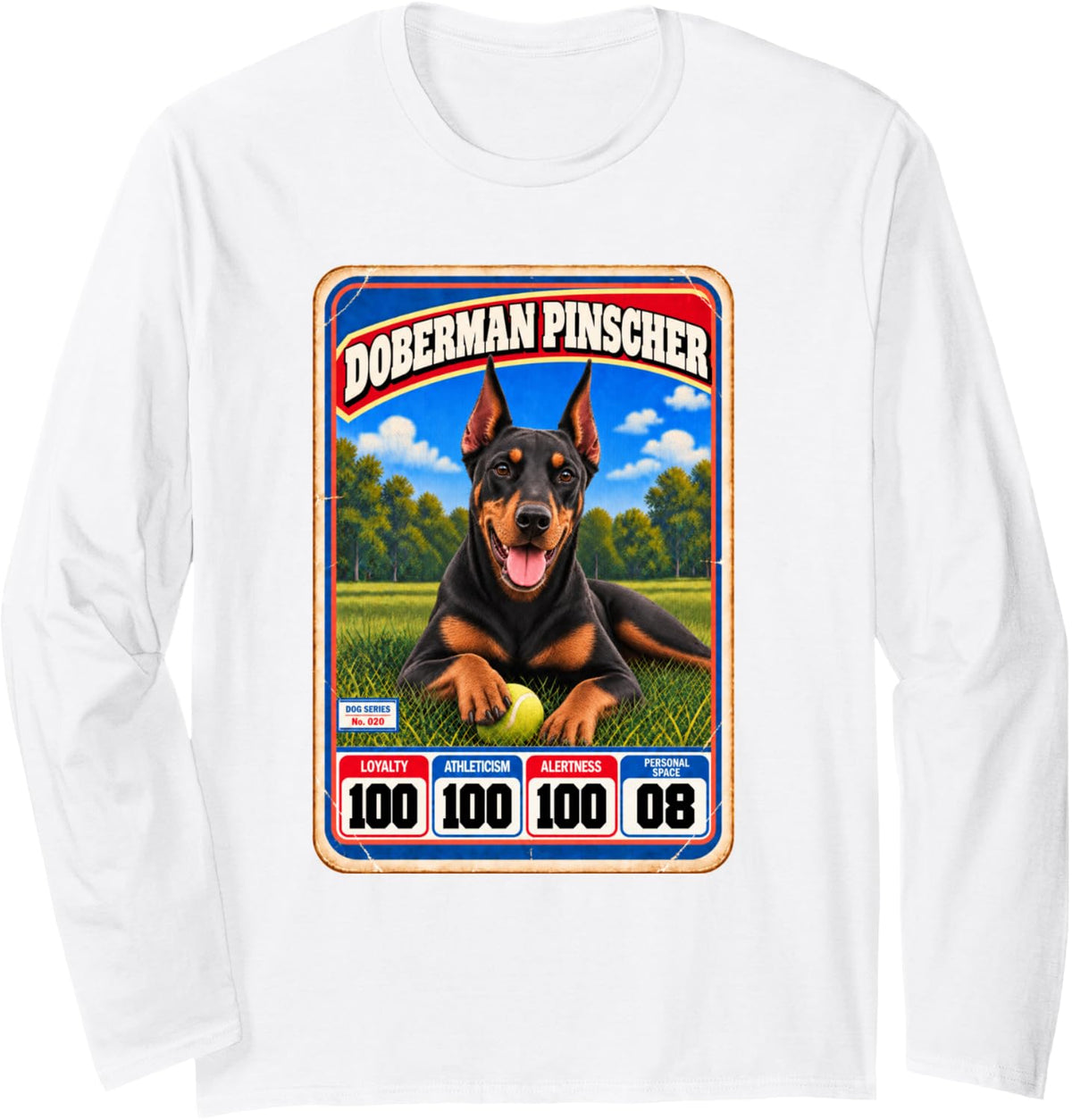 Doberman Pinscher Vintage 70s 80s Sports Trading Card Long Sleeve T-Shirt - Adult Unisex White