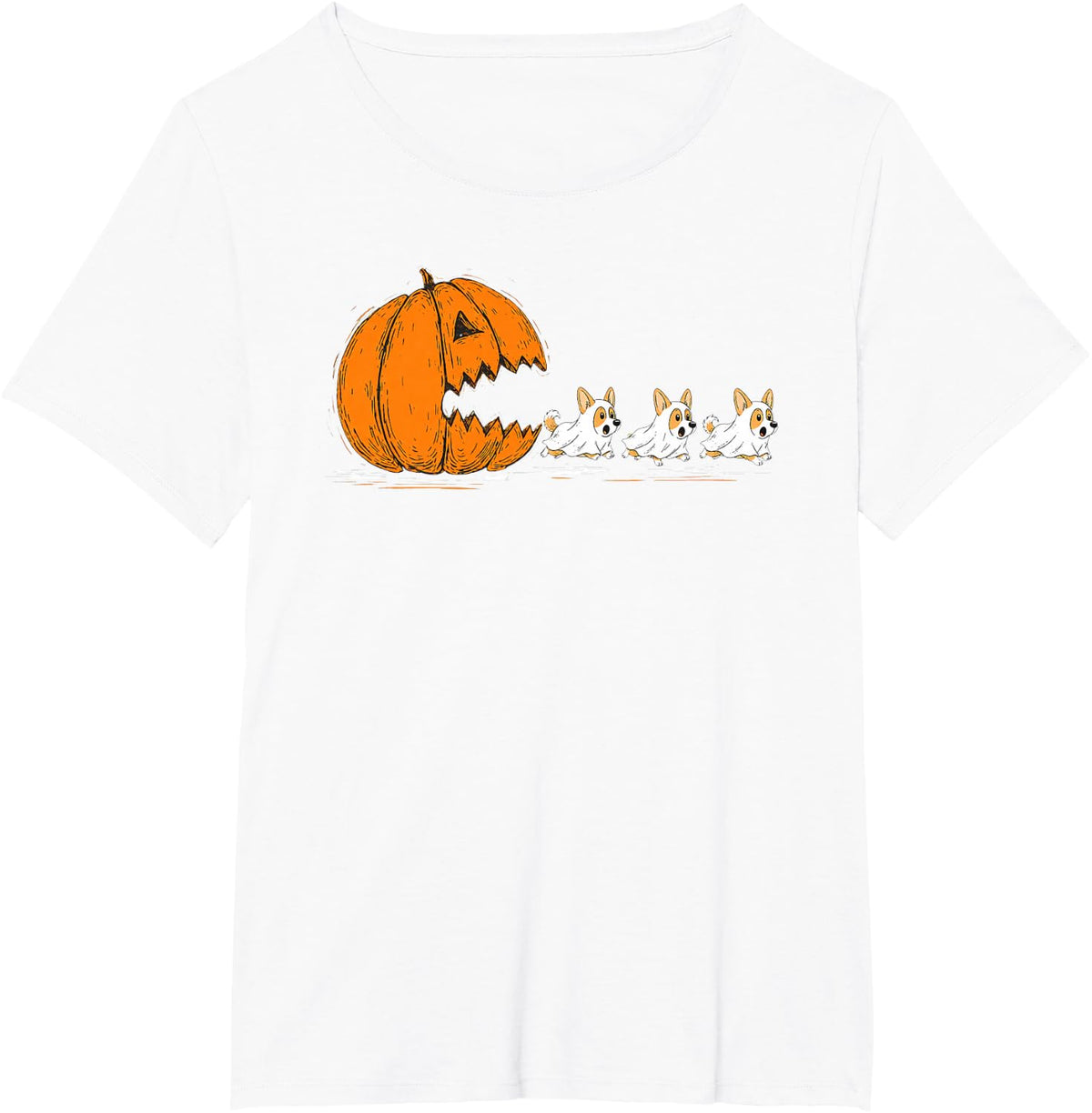 Corgi Dog Halloween Pumpkin Ghost Chase Dog Lover T-Shirt - White
